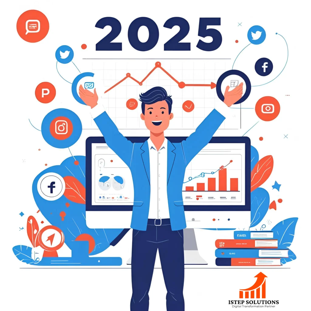 Illustration of digital marketing trends 2025 including AI, voice search, personalization, AR/VR, and content automation